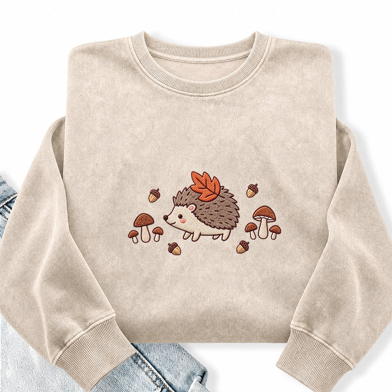 Embroidered Hedgehog Mushroom Washed Crewneck Sweatshirt
