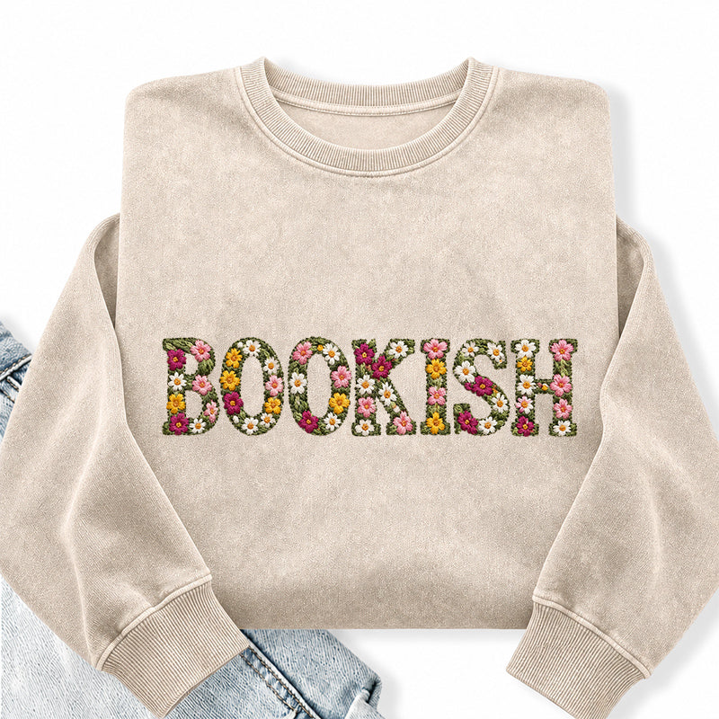 Embroidered Floral Bookish Washed Crewneck Sweatshirt