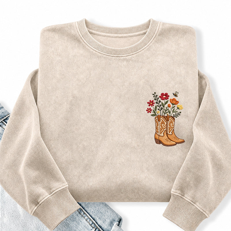 Embroidered Flower Cowboy Boots Washed Crewneck Sweatshirt
