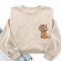 Embroidered Flower Cowboy Boots Washed Crewneck Sweatshirt