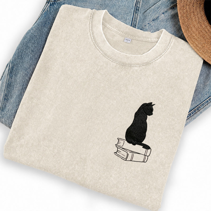 Embroidered Black Cat On Books Washed Crew Neck T-Shirt