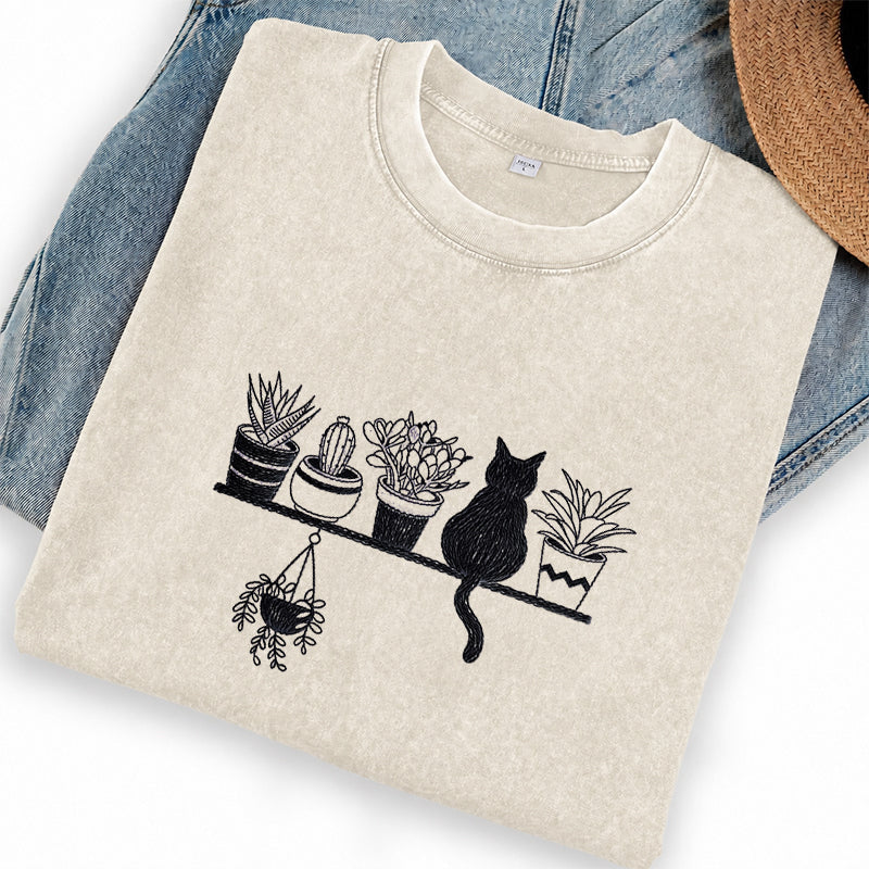 Embroidered Cats And Plants Washed Crew Neck T-Shirt