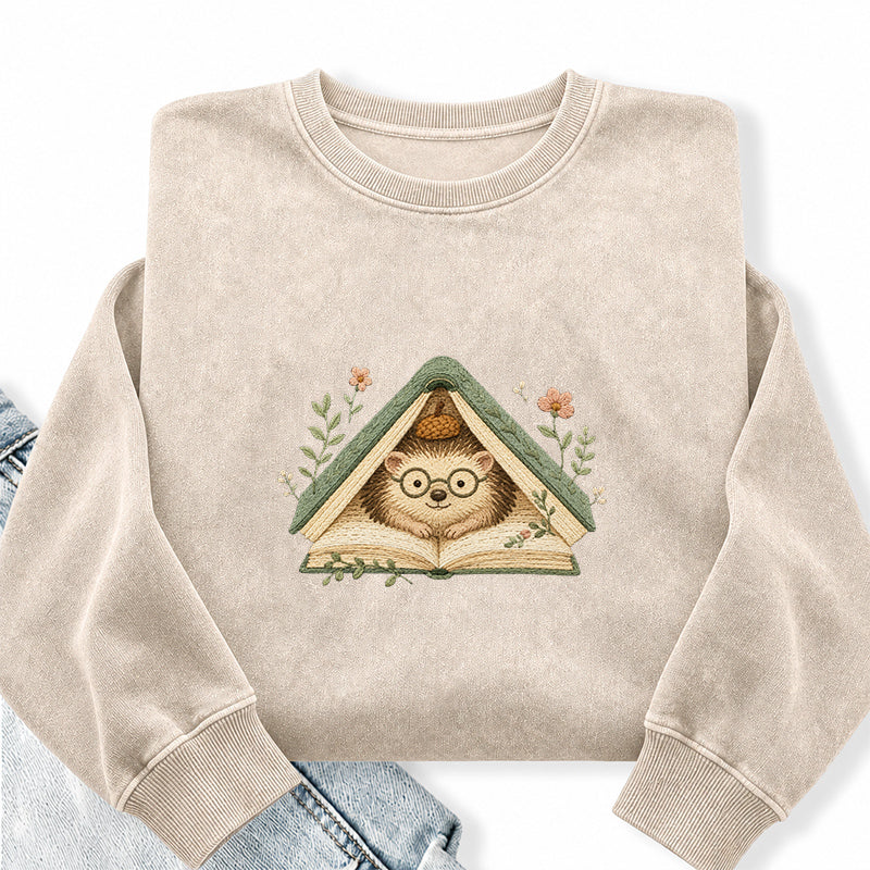 Embroidered Reading Hedgehog Washed Crewneck Sweatshirt