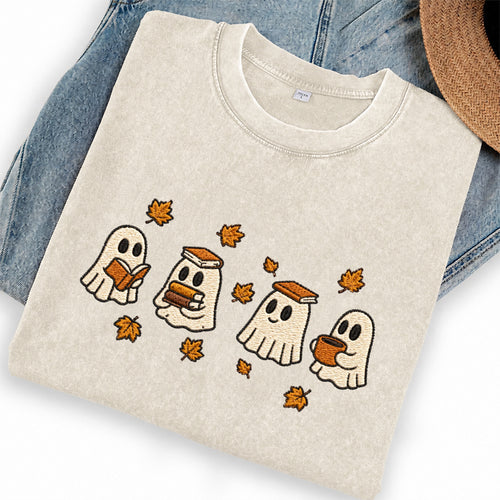 Embroidered Autumn Bookish Ghost Washed Crew Neck T-Shirt