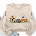 Embroidered Floral Cute Cat Washed Crewneck Sweatshirt