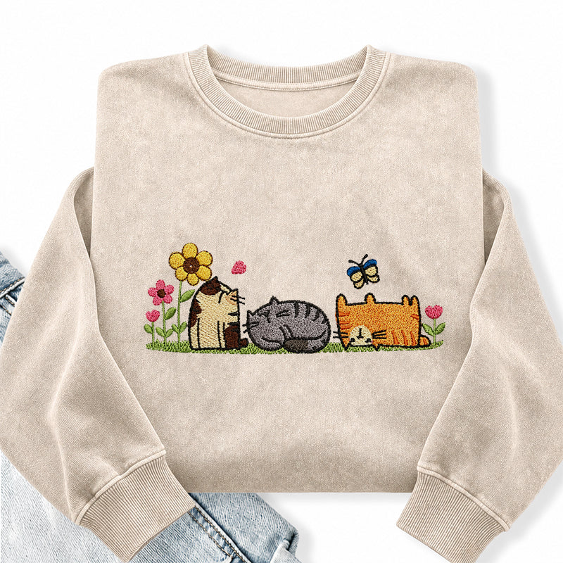 Embroidered Floral Cute Cat Washed Crewneck Sweatshirt