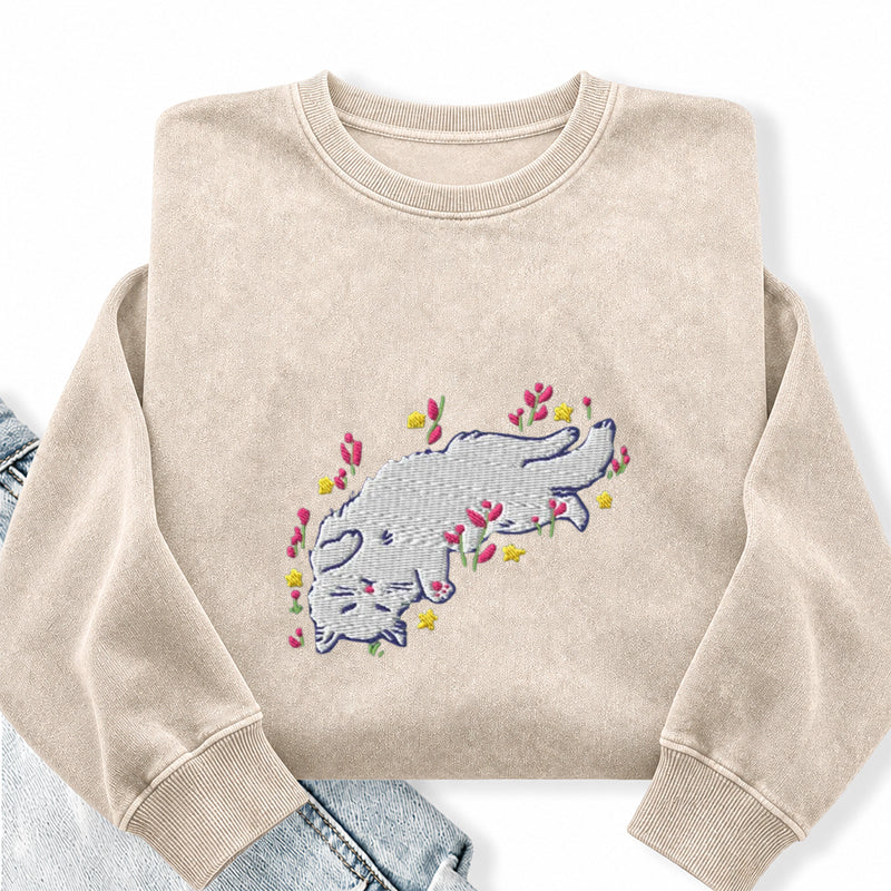 Embroidered Floral Playing Cat Washed Crewneck Sweatshirt