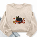 Embroidered Autumn Black Cat Book Washed Crewneck Sweatshirt