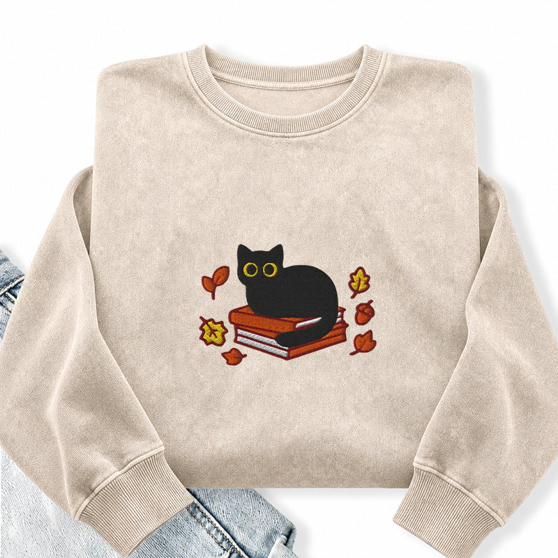 Embroidered Autumn Black Cat Book Washed Crewneck Sweatshirt