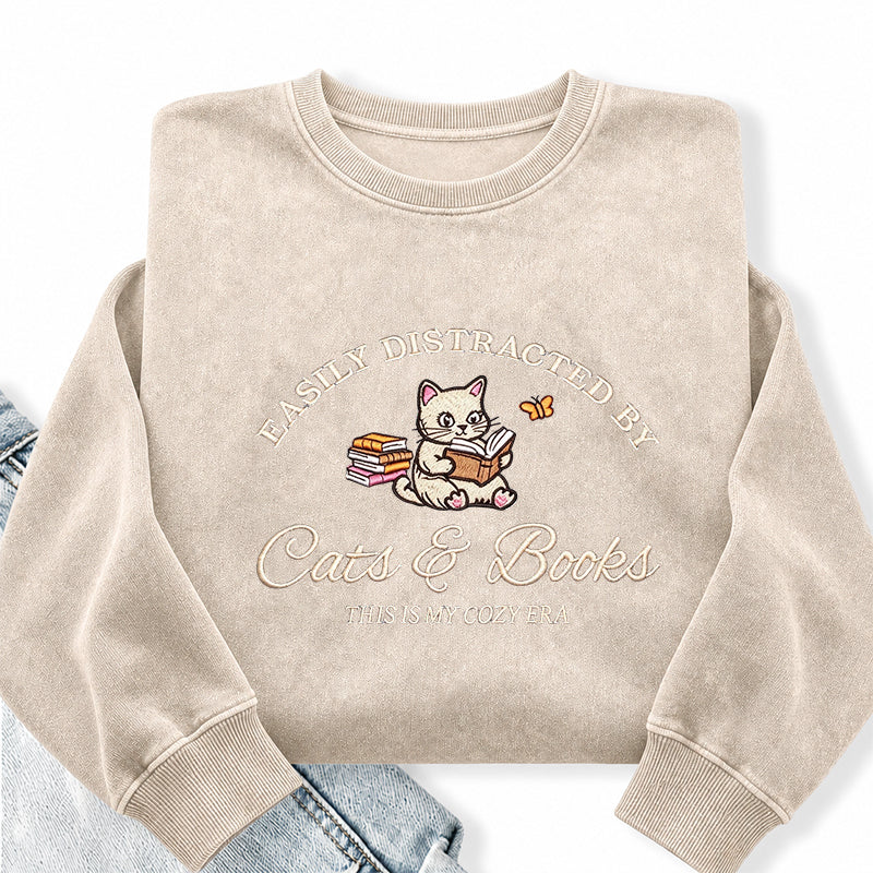 Embroidered Distracted By Cats and Books Washed Crewneck Sweatshirt