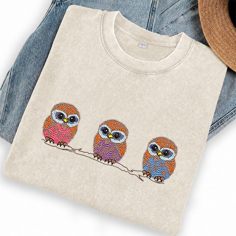Embroidered Cute Owl Washed Crew Neck T-Shirt