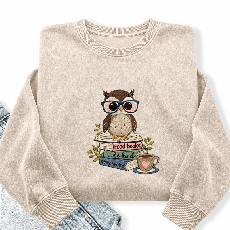 Embroidered Read Books Be Kind Owl Washed Crewneck Sweatshirt