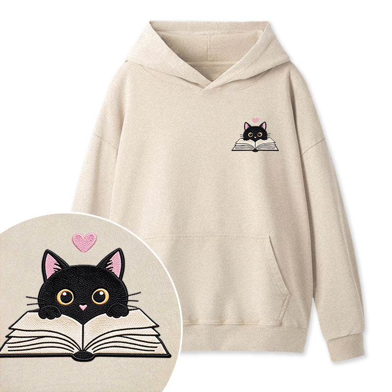Embroidered Reading Black Cat Washed Hoodie