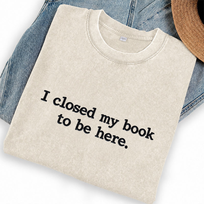 Embroidered Close Book Be Here Washed Crew Neck T-Shirt
