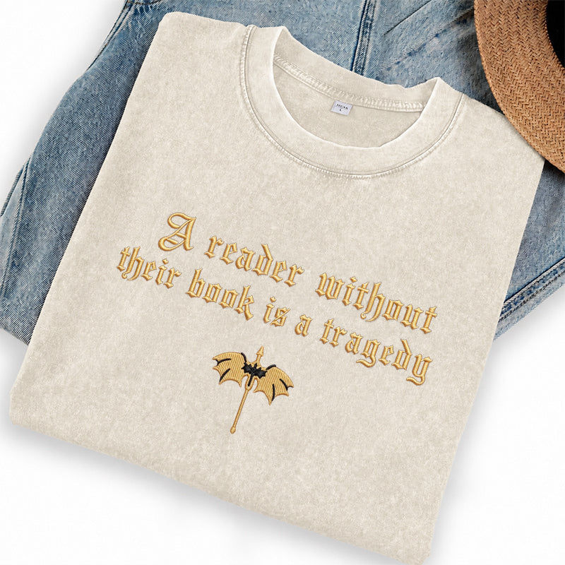 Embroidered Dragon Rider Book Lover Washed Crew Neck T-Shirt