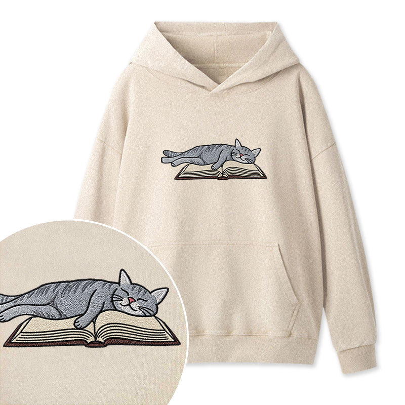 Embroidered Cat Sleeping On Book Washed Hoodie