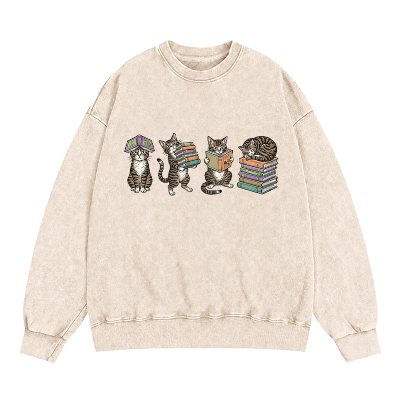 Cats Reading Books Washed Crewneck Sweatshirt