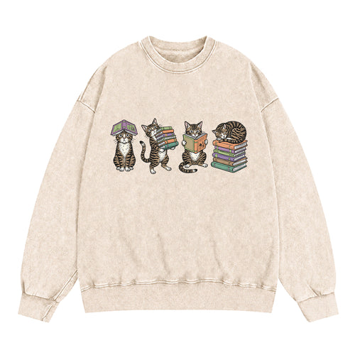 Cats Reading Books Washed Crewneck Sweatshirt