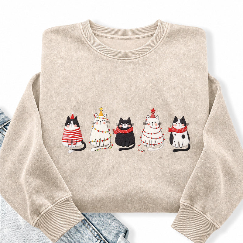 Embroidered Cute Cat Christmas Washed Crewneck Sweatshirt