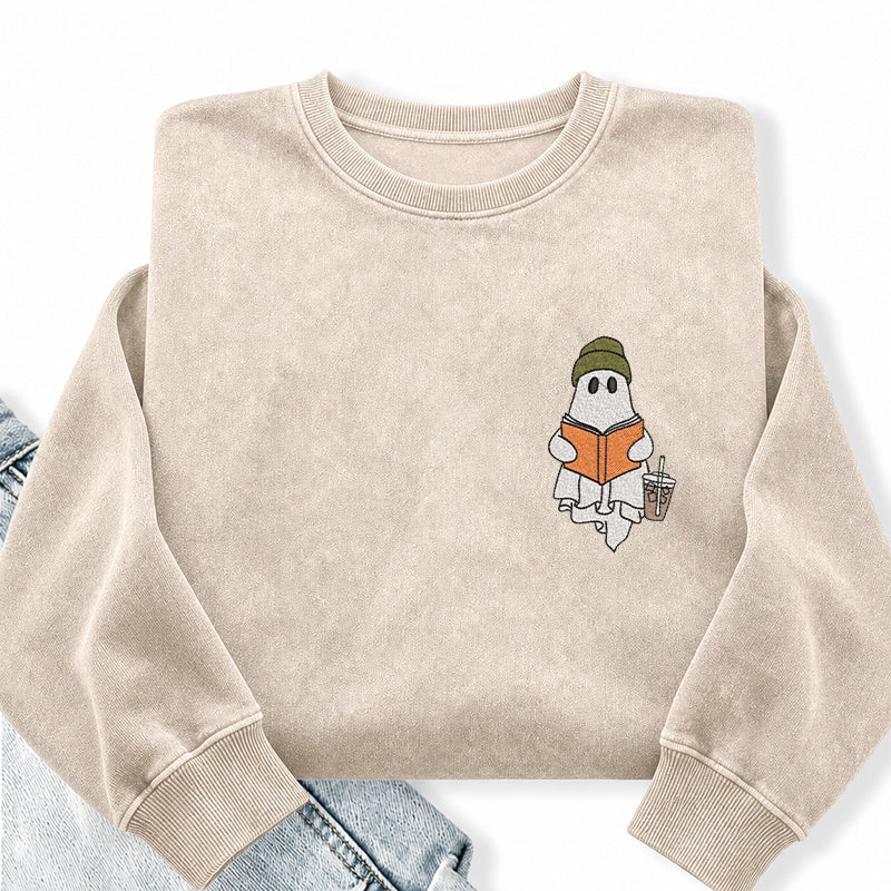 Embroidered Cute Ghost Reading Washed Crewneck Sweatshirt