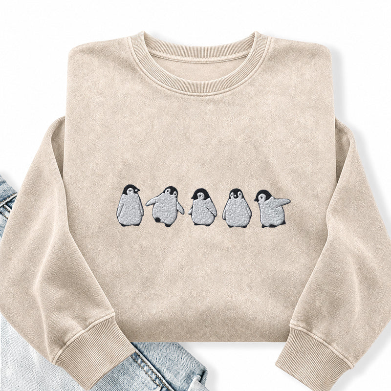 Embroidered Cute Penguins Washed Crewneck Sweatshirt