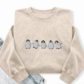 Embroidered Cute Penguins Washed Crewneck Sweatshirt