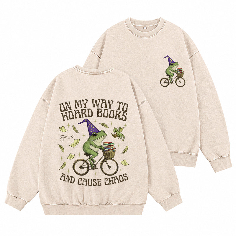 Off To Hoard Books Bookish Frog Washed Crewneck Sweatshirt