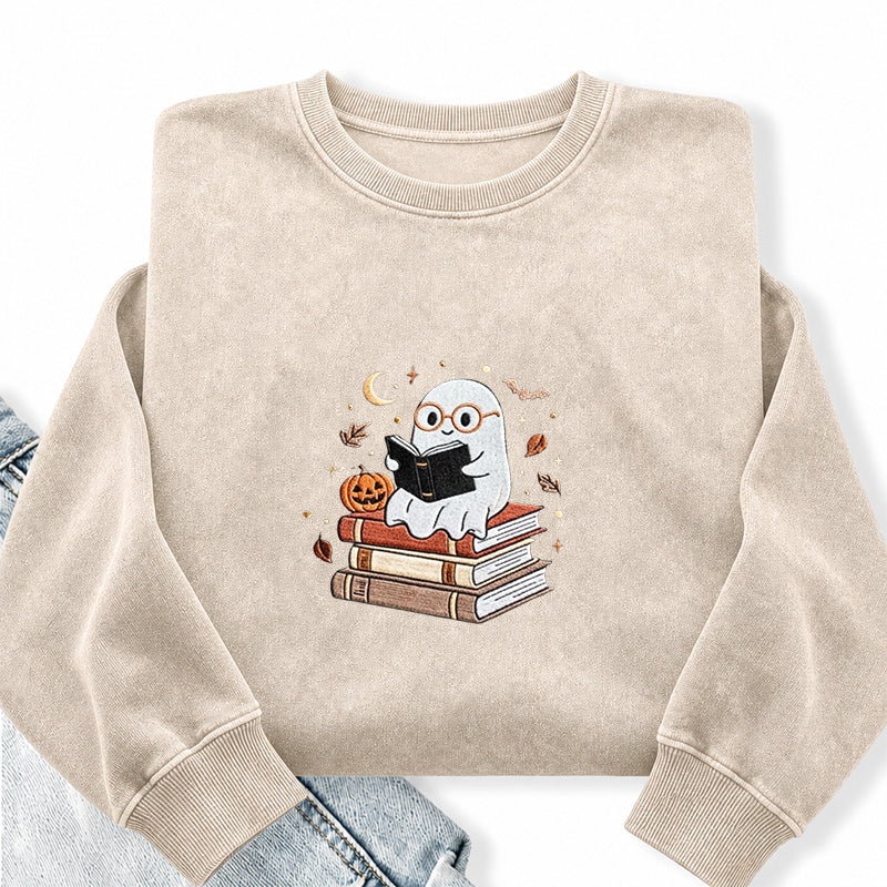 Embroidered Ghost Reading Books Washed Crewneck Sweatshirt