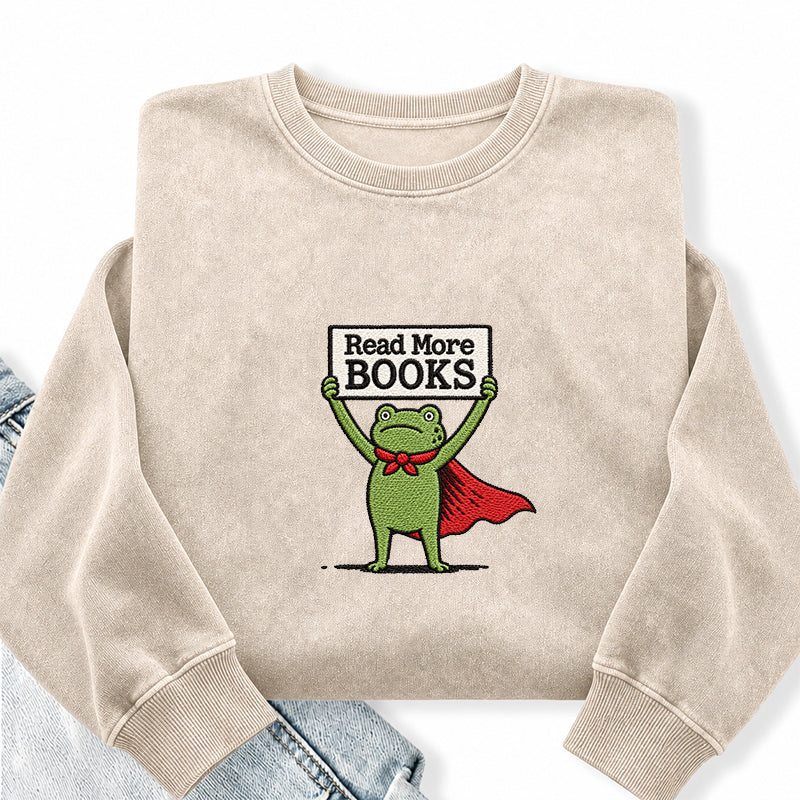 Embroidered Read More Books Frog Washed Crewneck Sweatshirt