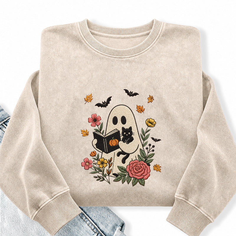 Embroidered Floral Ghost Reading Book Washed Crewneck Sweatshirt