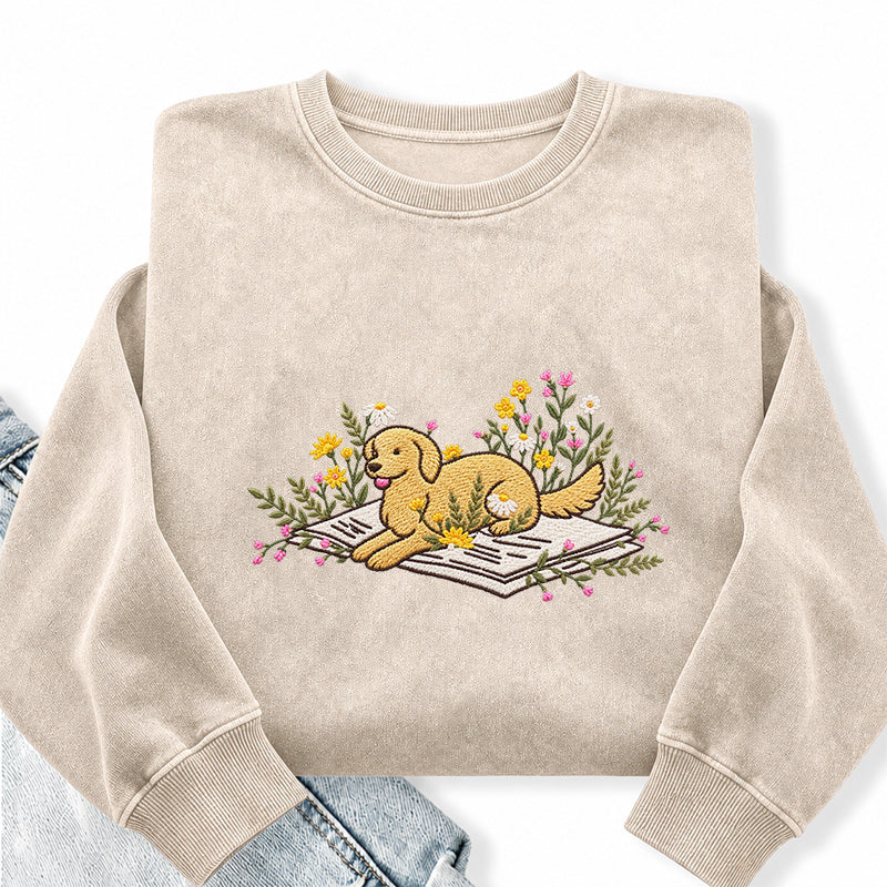 Embroidered Dog Lying On Book Washed Crewneck Sweatshirt