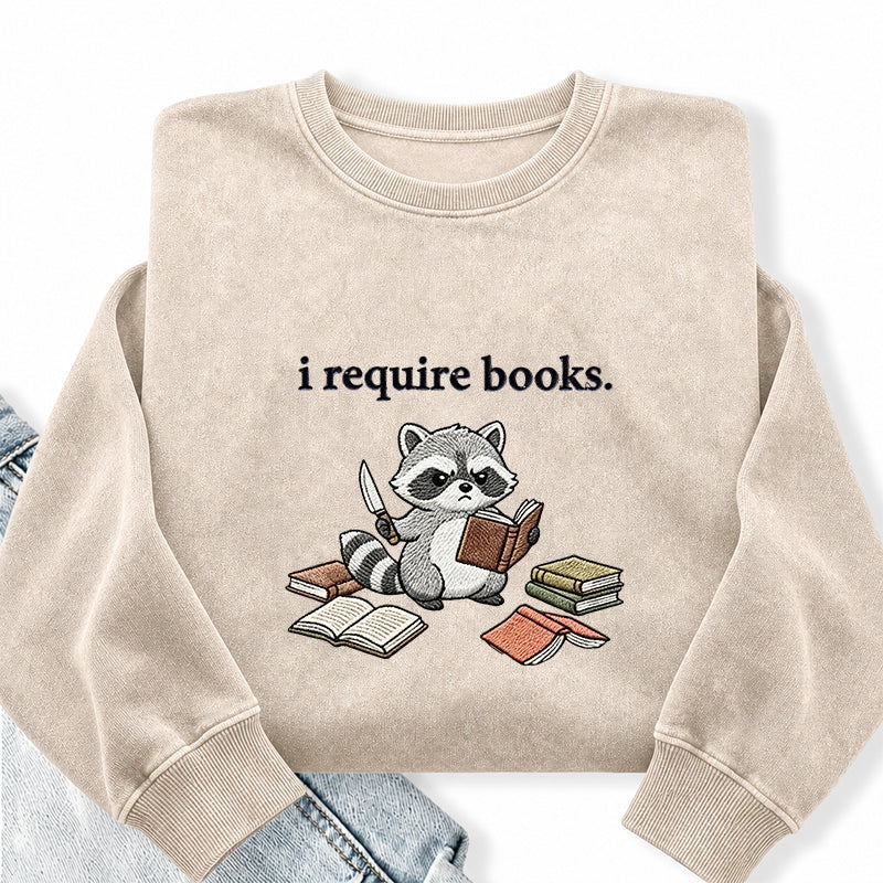 Embroidered I Require Books Raccoon Washed Crewneck Sweatshirt