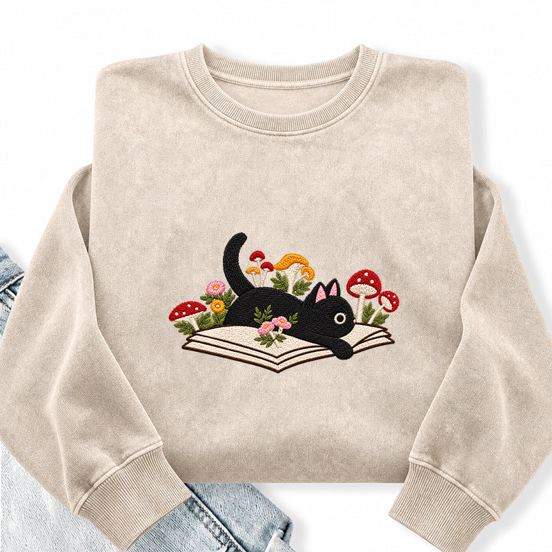 Embroidered Black Cat Mushroom Book Washed Crewneck Sweatshirt