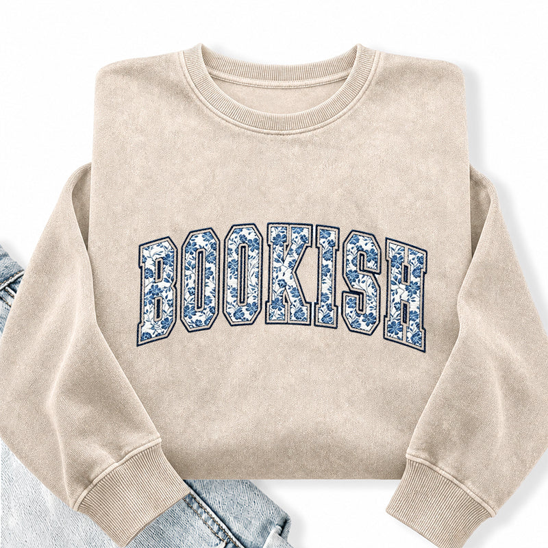 Embroidered Retro Bookish Washed Crewneck Sweatshirt