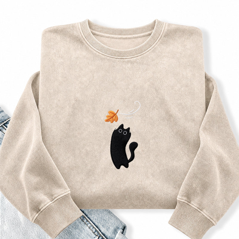 Embroidered Black Cats Fall Washed Crewneck Sweatshirt