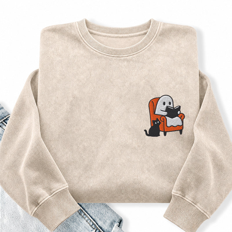 Embroidered Ghost Reading On Sofa Washed Crewneck Sweatshirt