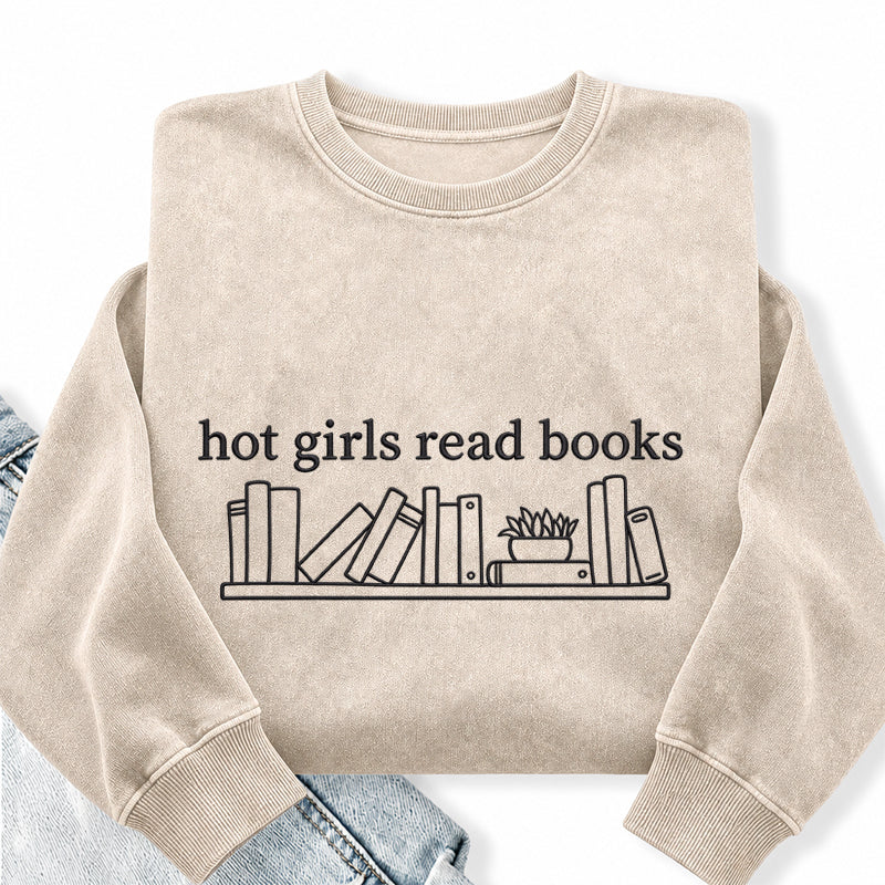 Embroidered Hot Girls Read Books Washed Crewneck Sweatshirt