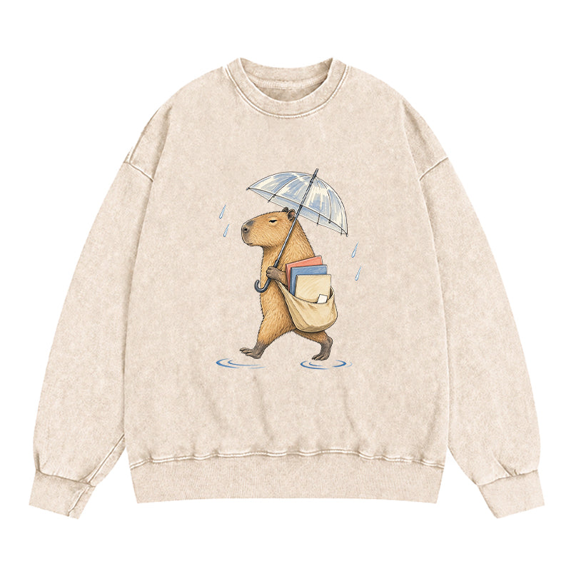 Capybara Rainy Day Book Washed Crewneck Sweatshirt