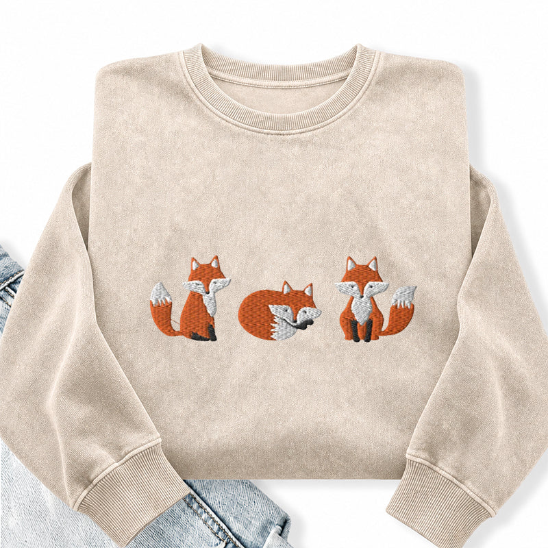 Embroidered Three Fox Washed Crewneck Sweatshirt