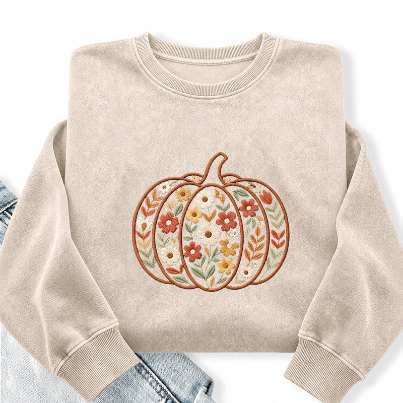 Embroidered Floral Pumpkin Washed Crewneck Sweatshirt