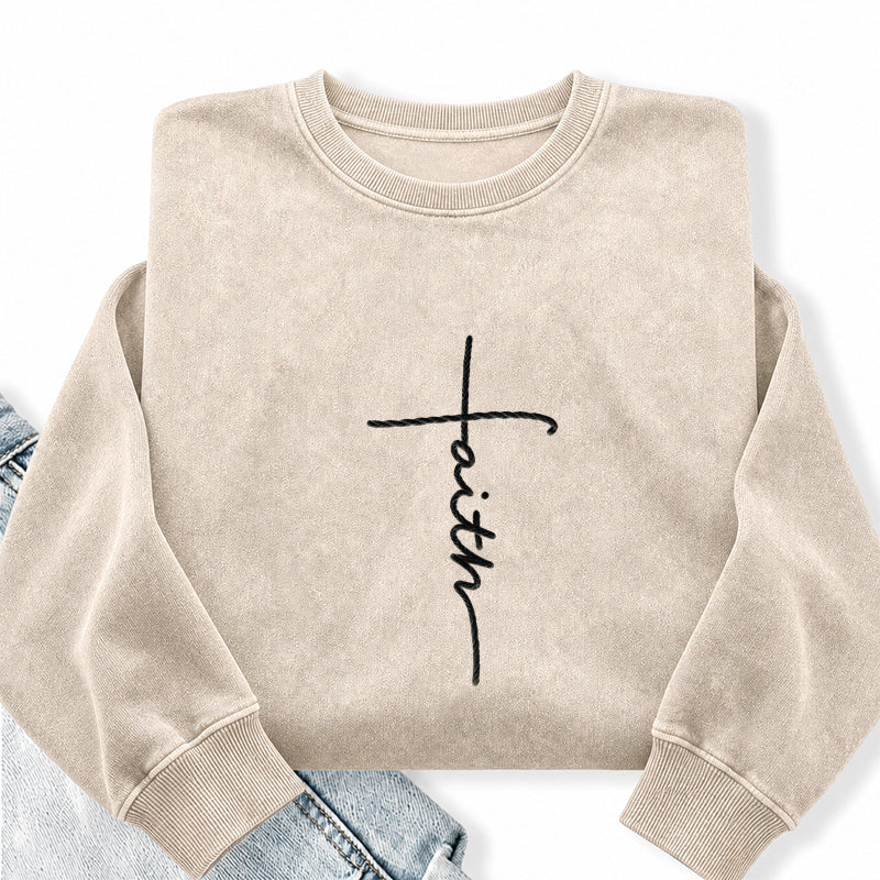 Embroidered Faith Christian Washed Crewneck Sweatshirt