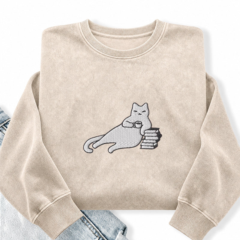 Embroidered Bookish Cat Drinking Coffee Washed Crewneck Sweatshirt