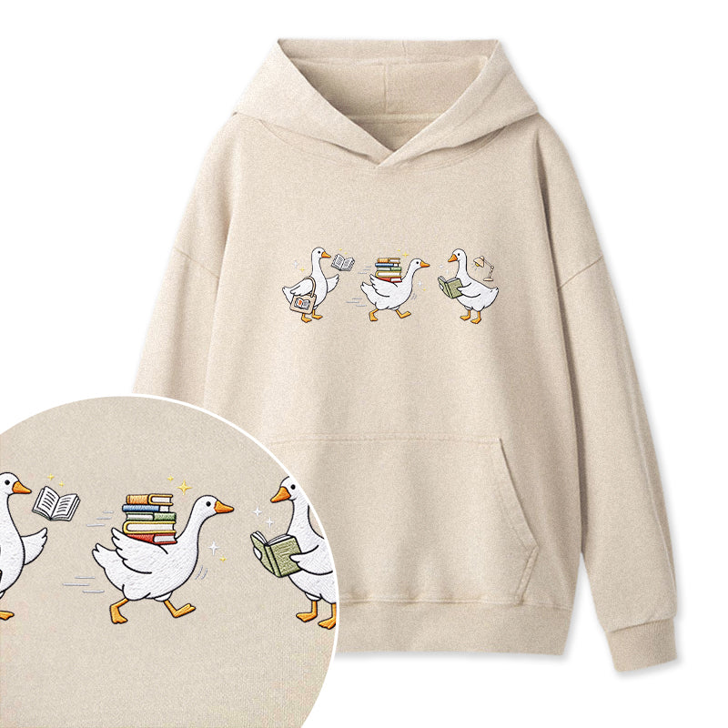 Embroidered Goose Reading Books Washed Hoodie
