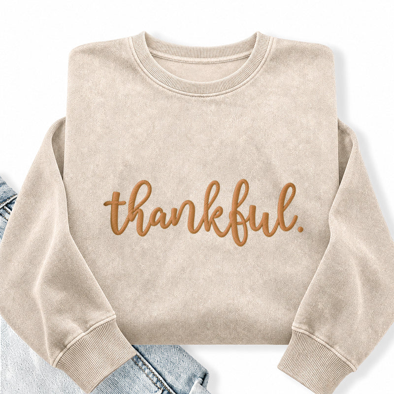 Embroidered Thankful Thanksgiving Washed Crewneck Sweatshirt