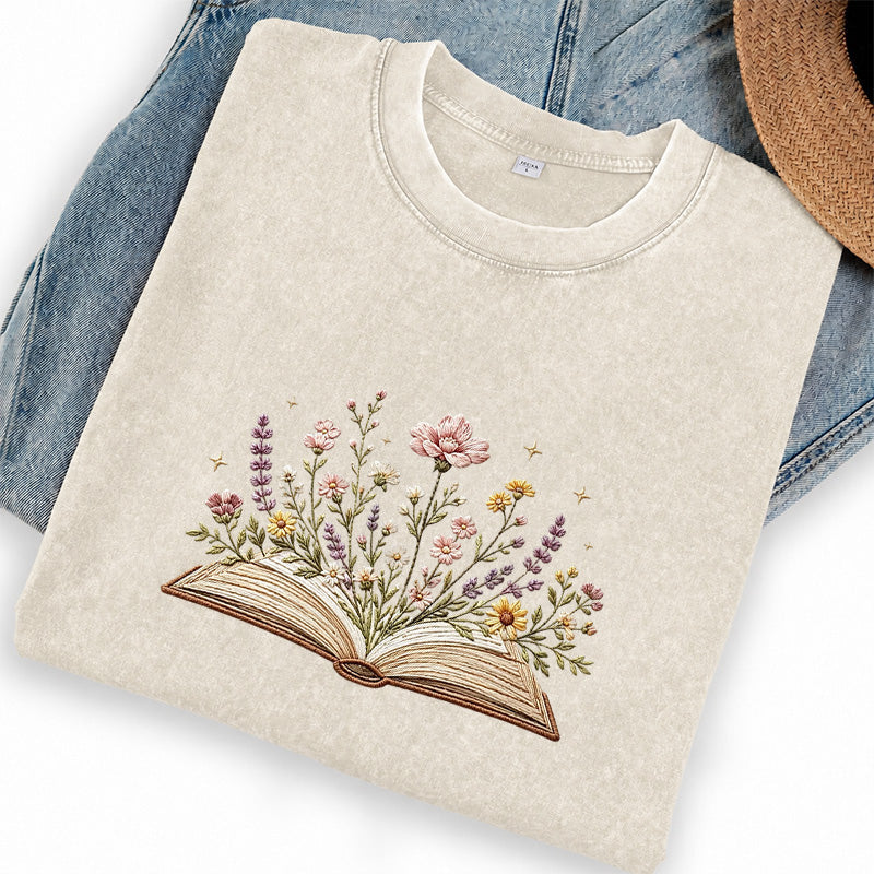 Embroidered Floral Book Washed Crew Neck T-Shirt