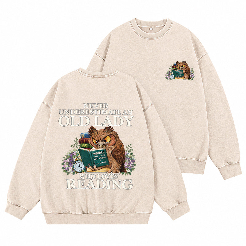 Funny Owl Old Lady Loves Reading Washed Crewneck Sweatshirt