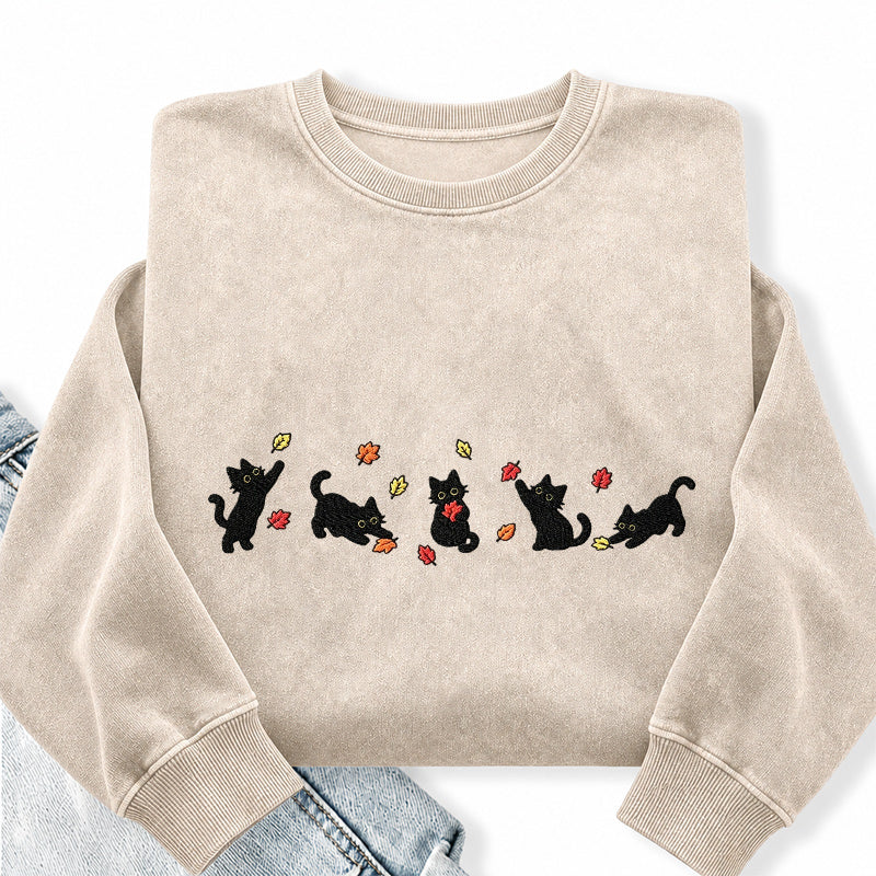 Embroidered Autumn Leaves Black Cats Washed Crewneck Sweatshirt