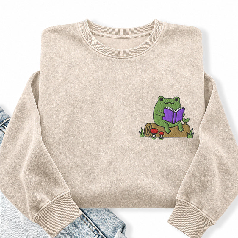 Embroidered Reading Frog Washed Crewneck Sweatshirt