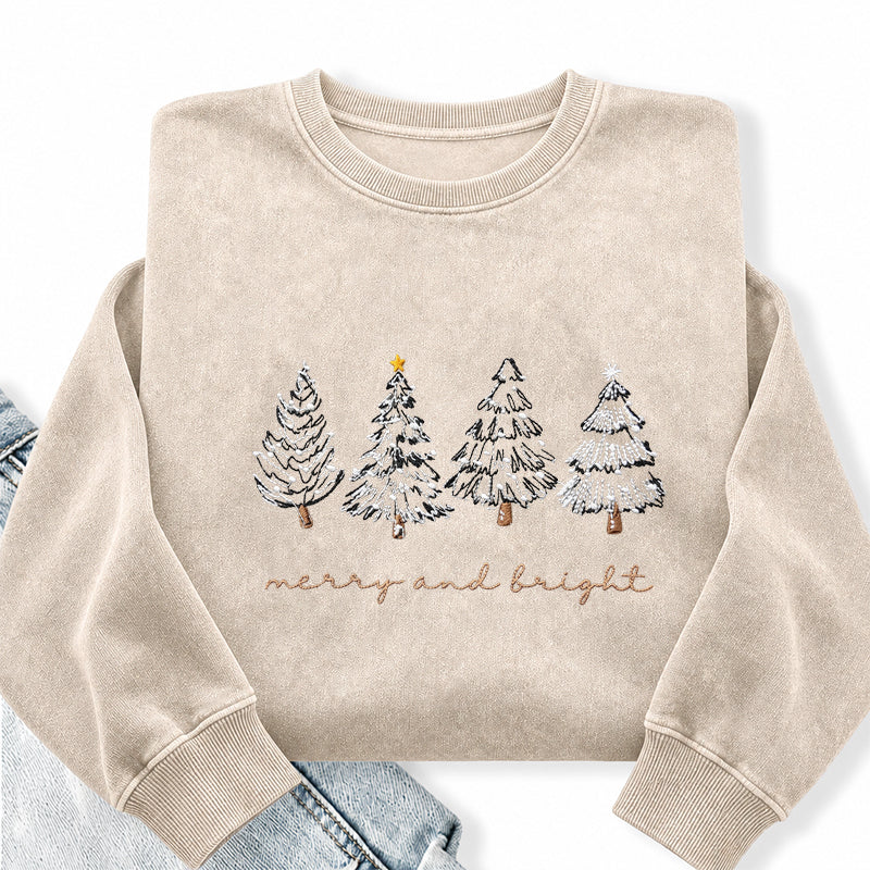 Embroidered Merry & Bright Christmas Tree Washed Crewneck Sweatshirt