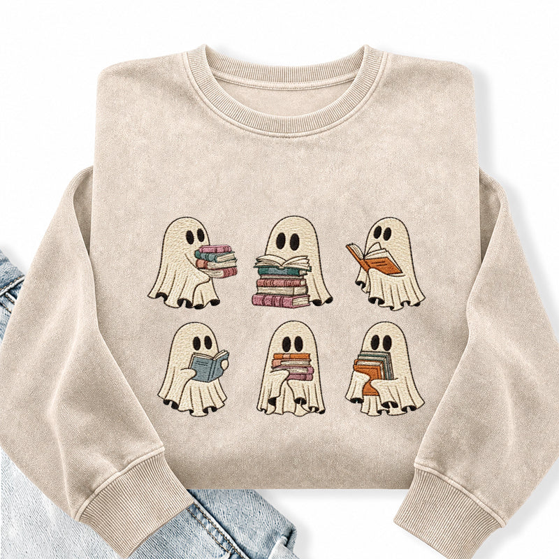 Embroidered Halloween Ghost Book Washed Crewneck Sweatshirt